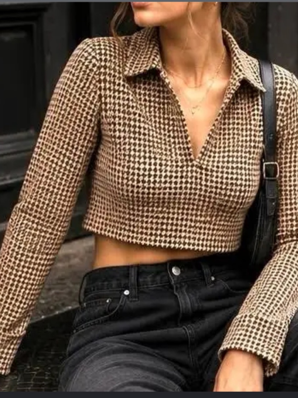 Zara | NWOT Brown checkered houndstooth long sleeve shirt cropped top size XS